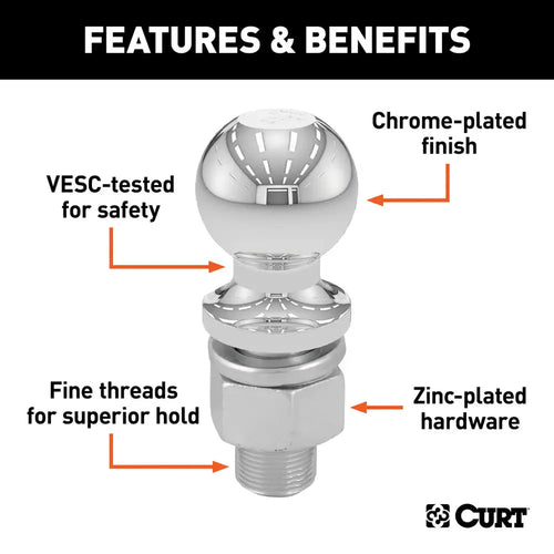 Curt 2 Trailer Ball (1 x 3 Shank, 6,000 lbs., Chrome, Packaged)