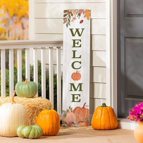 Evergreen Harvest Blossom Porch Leaner Pumpkin and Fall Leaves Welcome 46H