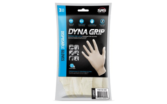 SAS Safety Dyna Grip Powder-Free Exam Grade Latex Gloves - 7 Mil - 3PK