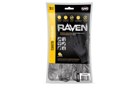 SAS Safety Raven Powder-Free Nitrile Exam Grade Disposable Gloves - 7 Mil - 3PK - XL